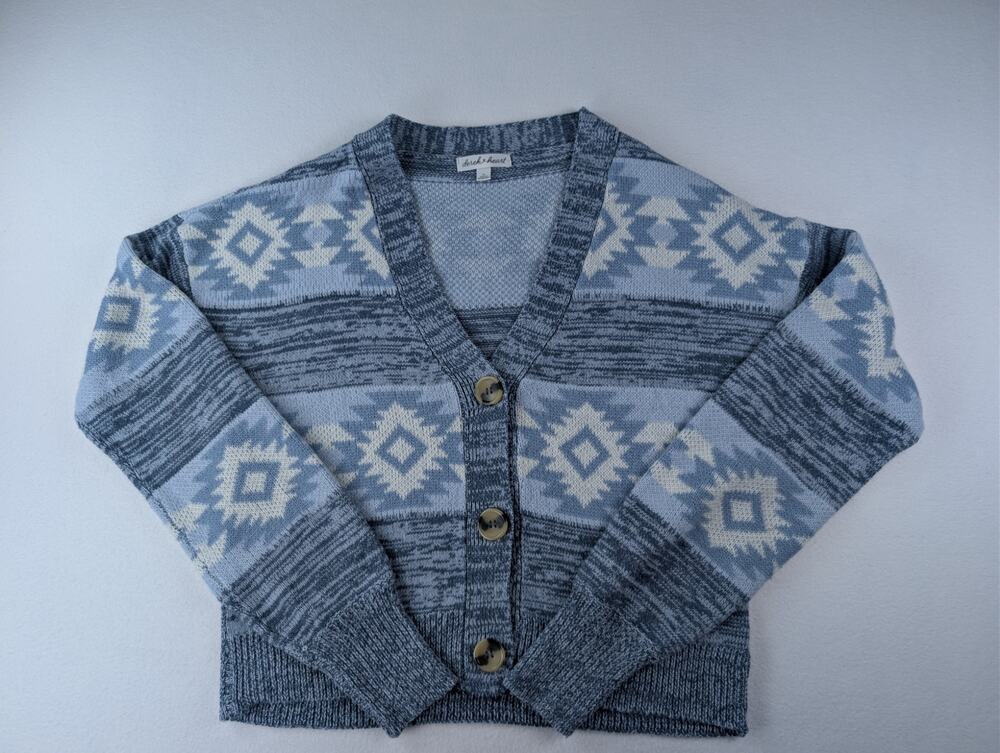 Derek Heart Blue Geometric Cardigan Sweater M Cozy Southwestern Knit